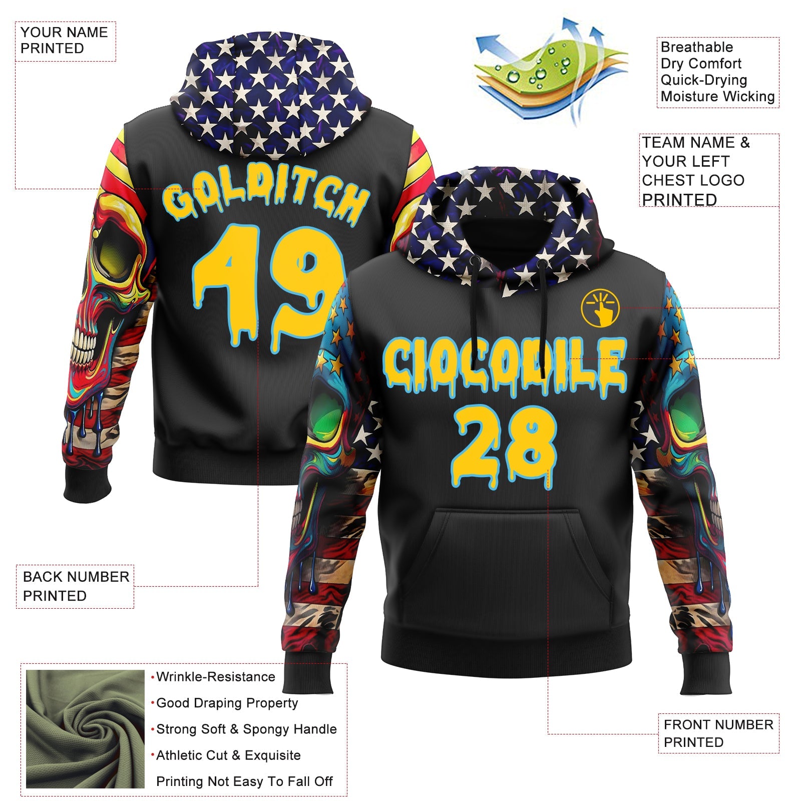 Custom Black Yellow-Sky Blue 3D Skull American Flag Inspired Graffiti Sports Pullover Sweatshirt Hoodie view 2