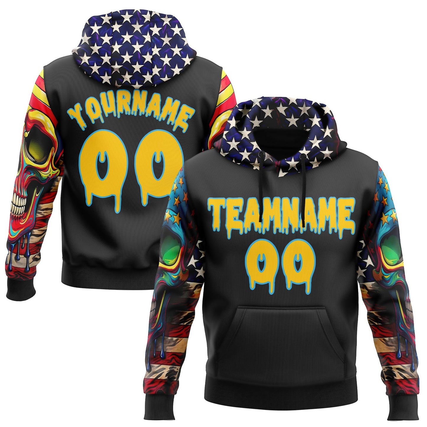 Custom Black Yellow-Sky Blue 3D Skull American Flag Inspired Graffiti Sports Pullover Sweatshirt Hoodie - Main View