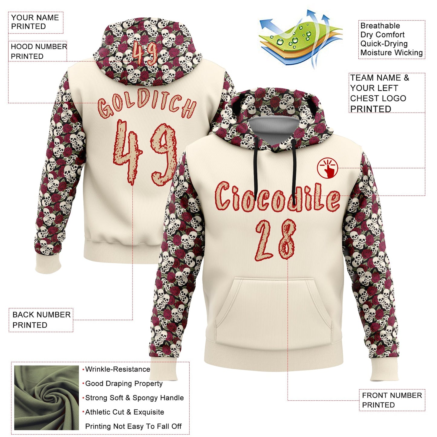 Custom City Cream Red 3D Skull Roses Floral Sports Pullover Sweatshirt Hoodie view 2