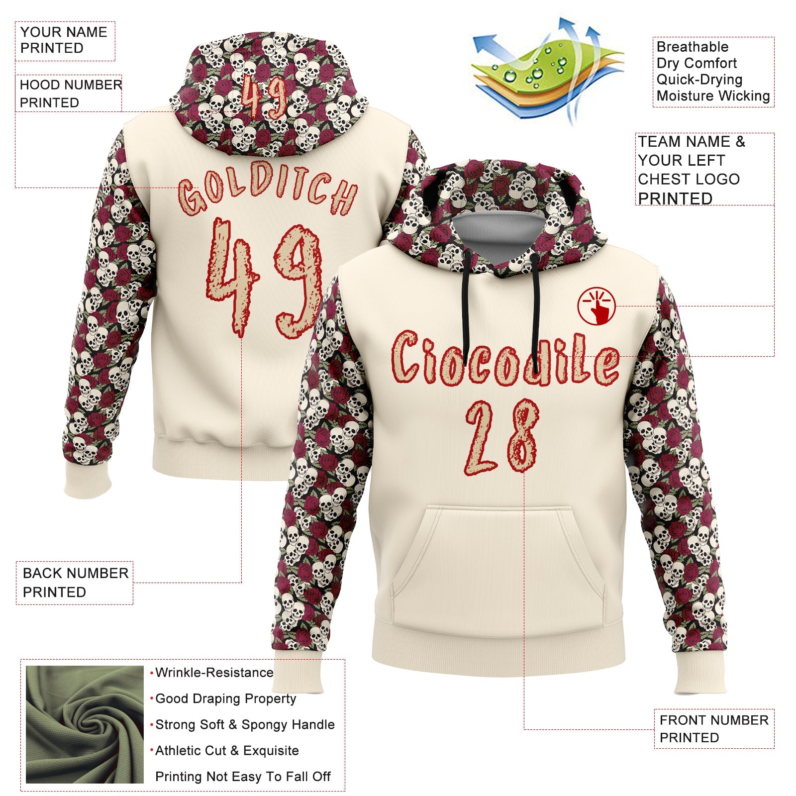 Custom City Cream Red 3D Skull Roses Floral Sports Pullover Sweatshirt Hoodie view 2