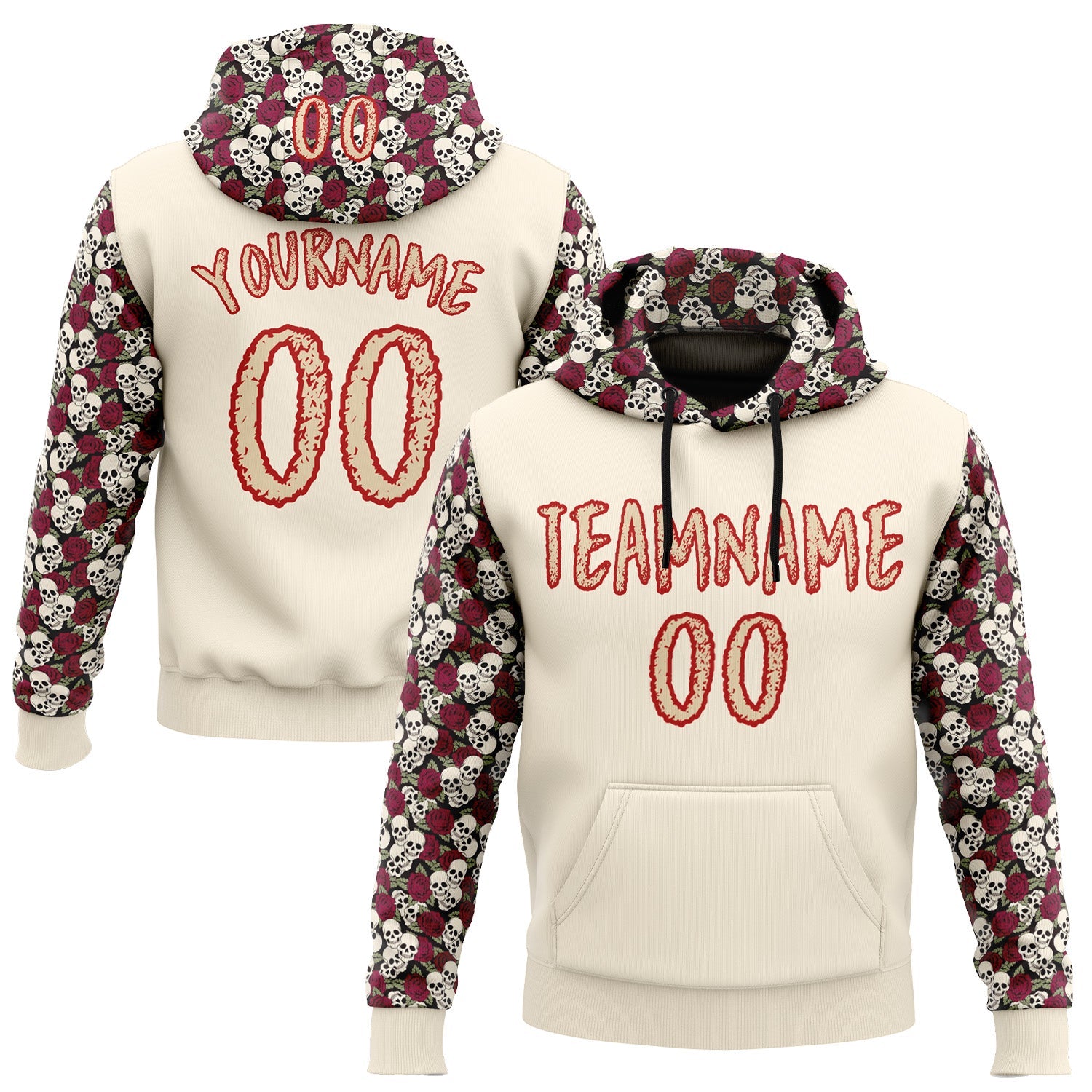 Custom City Cream Red 3D Skull Roses Floral Sports Pullover Sweatshirt Hoodie - Main View