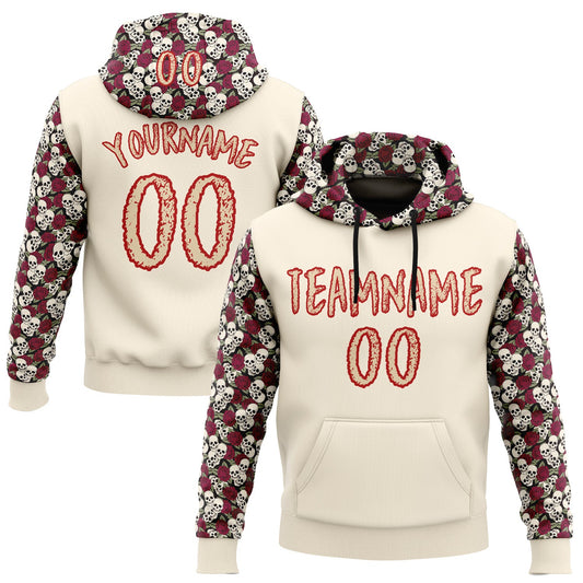 Custom City Cream Red 3D Skull Roses Floral Sports Pullover Sweatshirt Hoodie - Main View