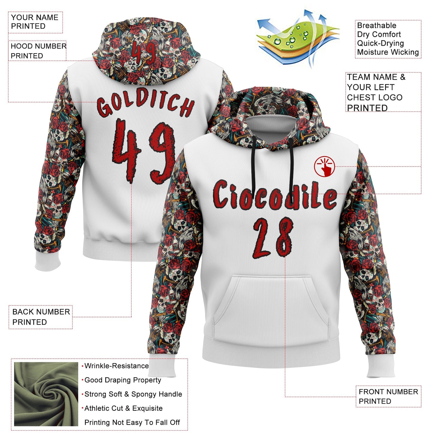 Custom White Red-Black 3D Skull Roses Floral Sports Pullover Sweatshirt Hoodie view 2