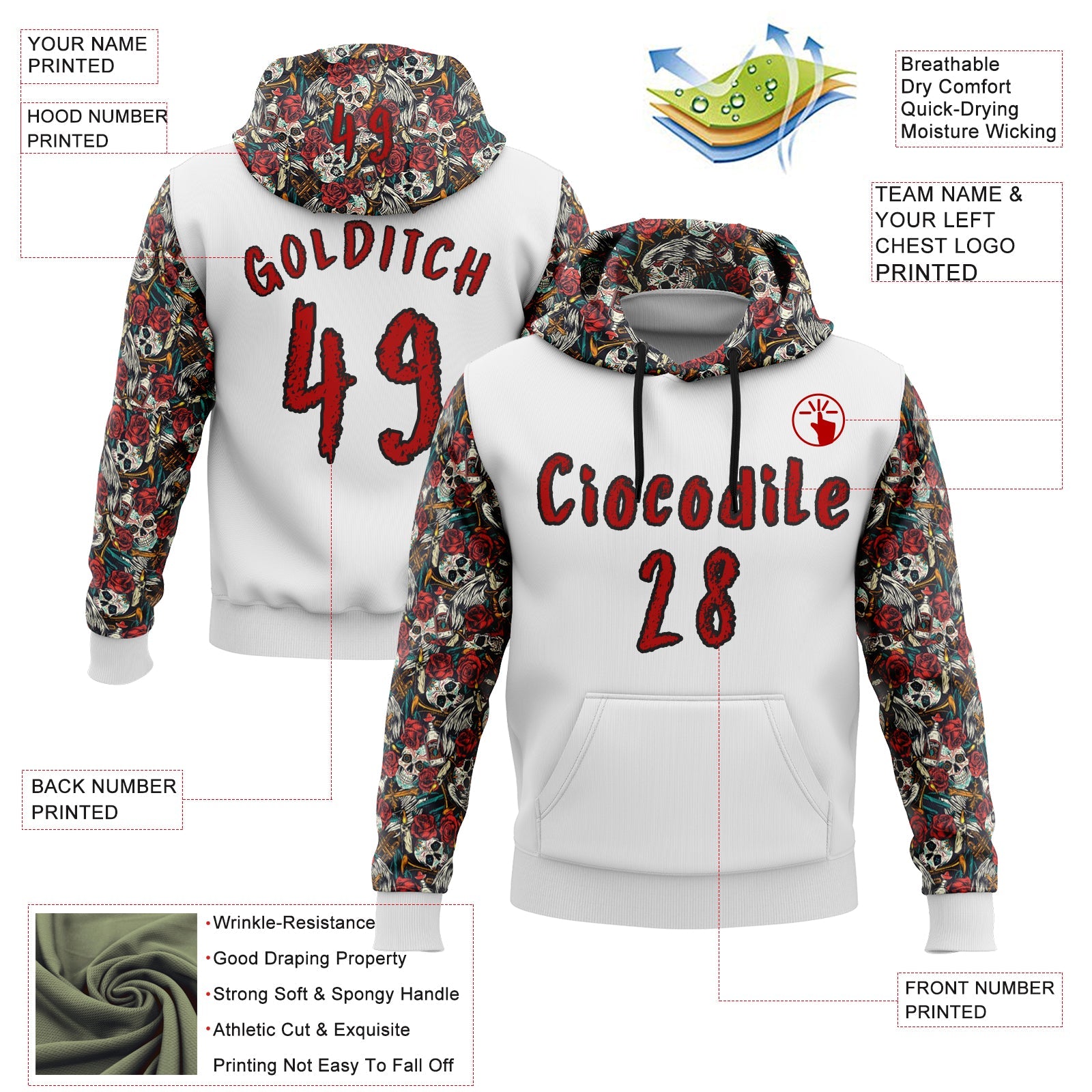 Custom White Red-Black 3D Skull Roses Floral Sports Pullover Sweatshirt Hoodie view 2