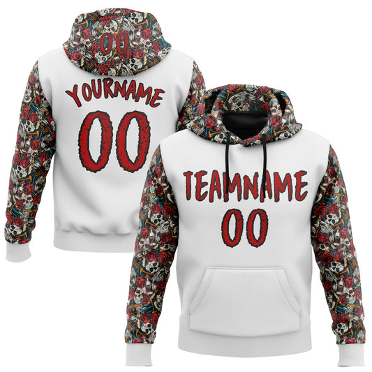 Custom White Red-Black 3D Skull Roses Floral Sports Pullover Sweatshirt Hoodie - Main View