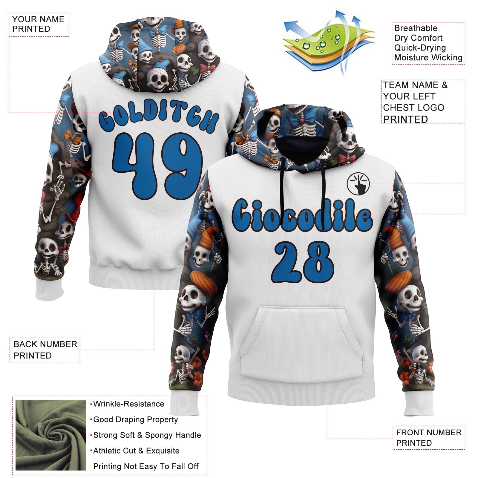 Custom White Blue-Brown 3D Skull Funny Sports Pullover Sweatshirt Hoodie view 2