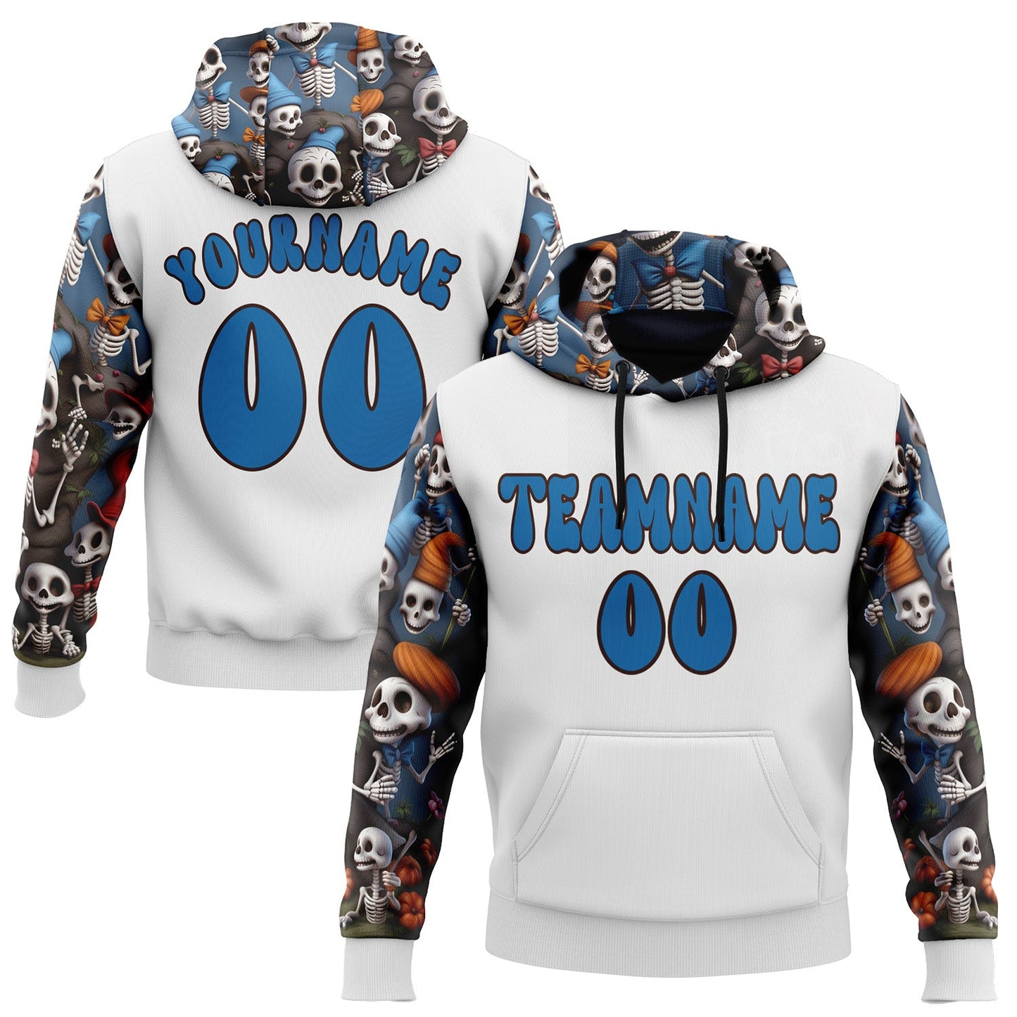 Custom White Blue-Brown 3D Skull Funny Sports Pullover Sweatshirt Hoodie - Main View