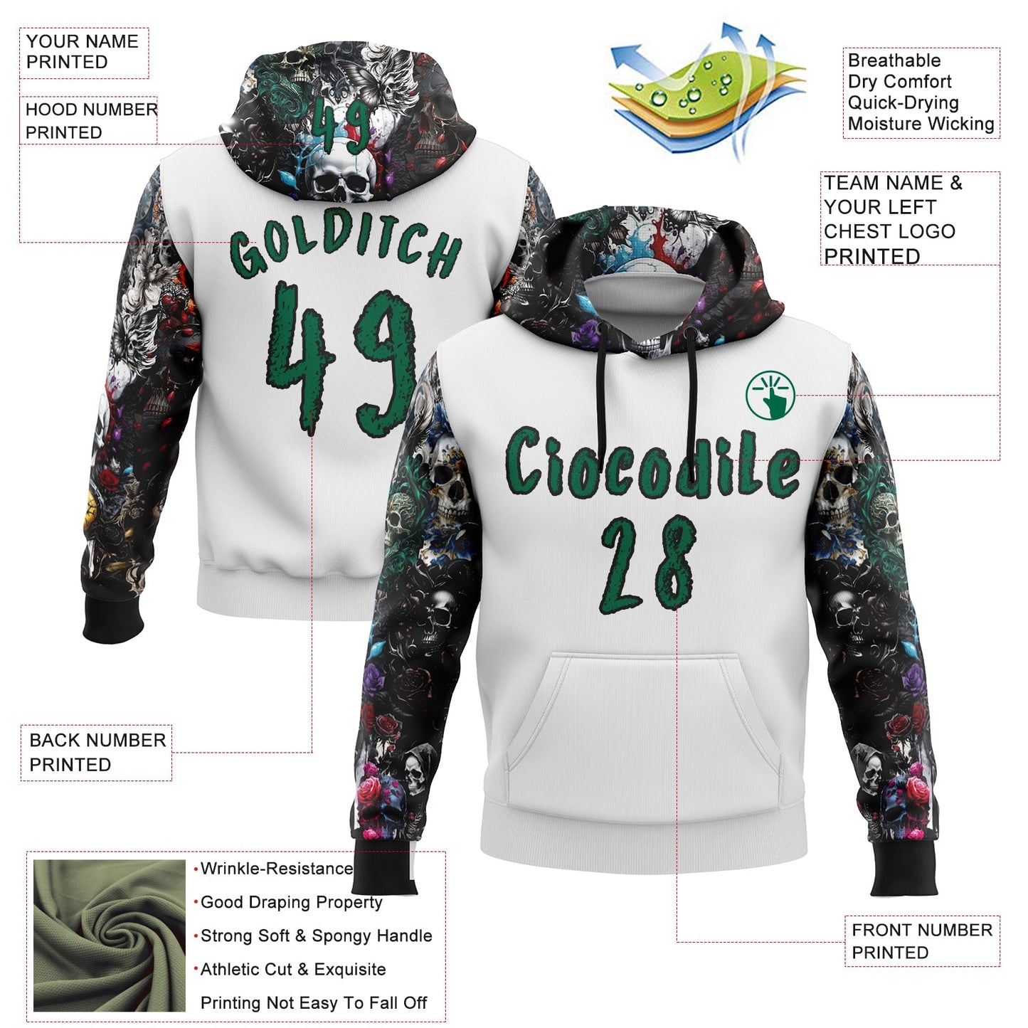 Custom White Kelly Green-Black 3D Skull Roses Floral Sports Pullover Sweatshirt Hoodie view 2