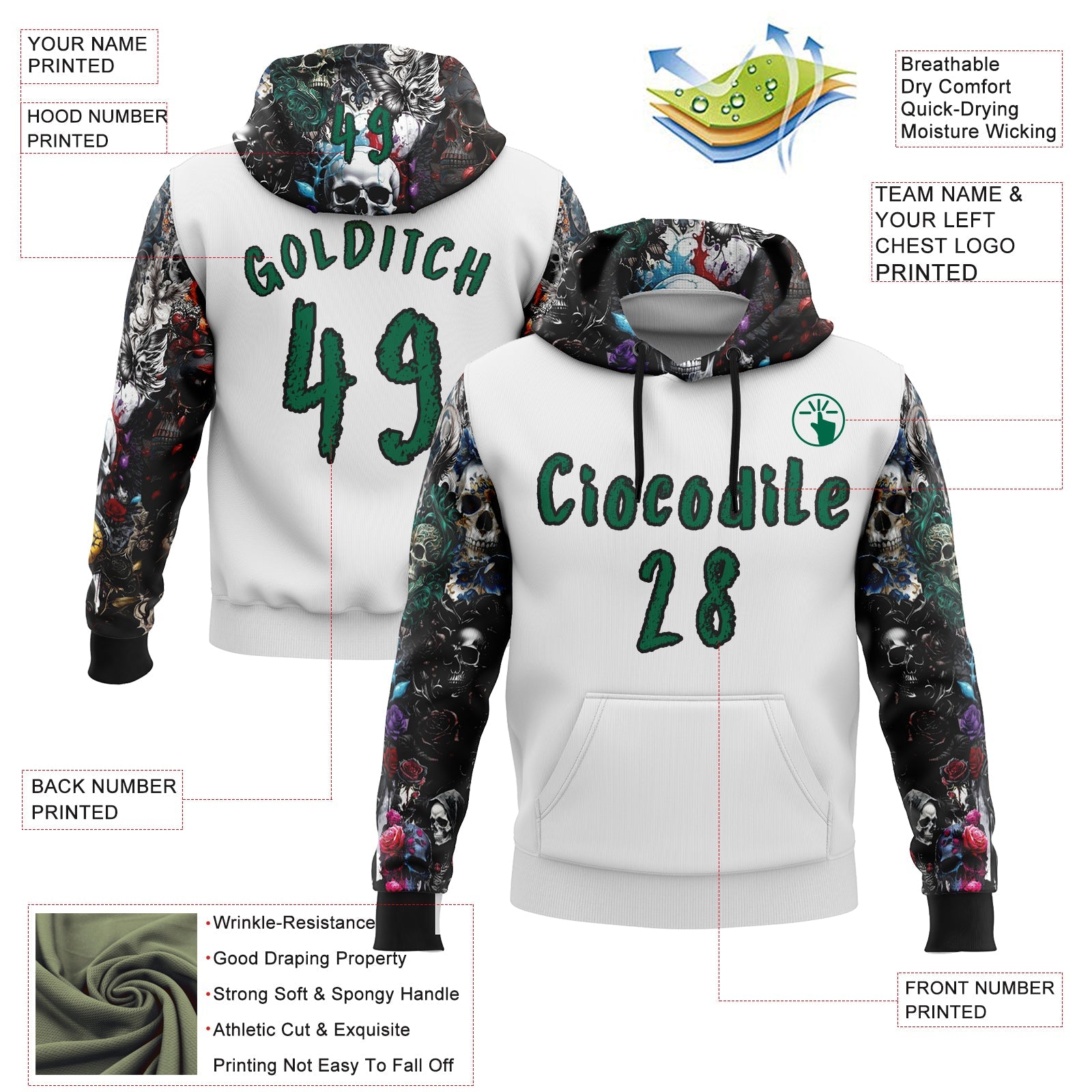 Custom White Kelly Green-Black 3D Skull Roses Floral Sports Pullover Sweatshirt Hoodie view 2
