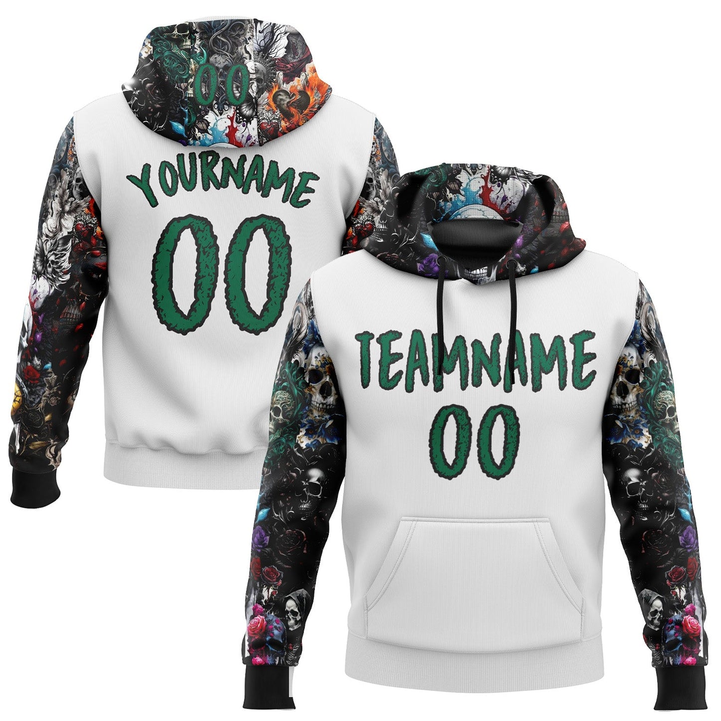 Custom White Kelly Green-Black 3D Skull Roses Floral Sports Pullover Sweatshirt Hoodie - Main View