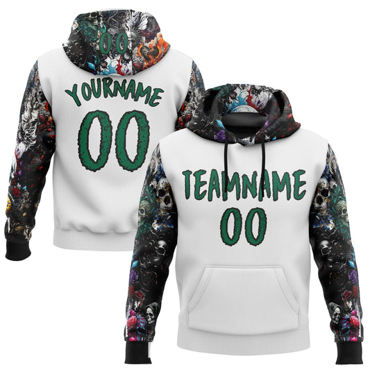 Custom White Kelly Green-Black 3D Skull Roses Floral Sports Pullover Sweatshirt Hoodie - Main View
