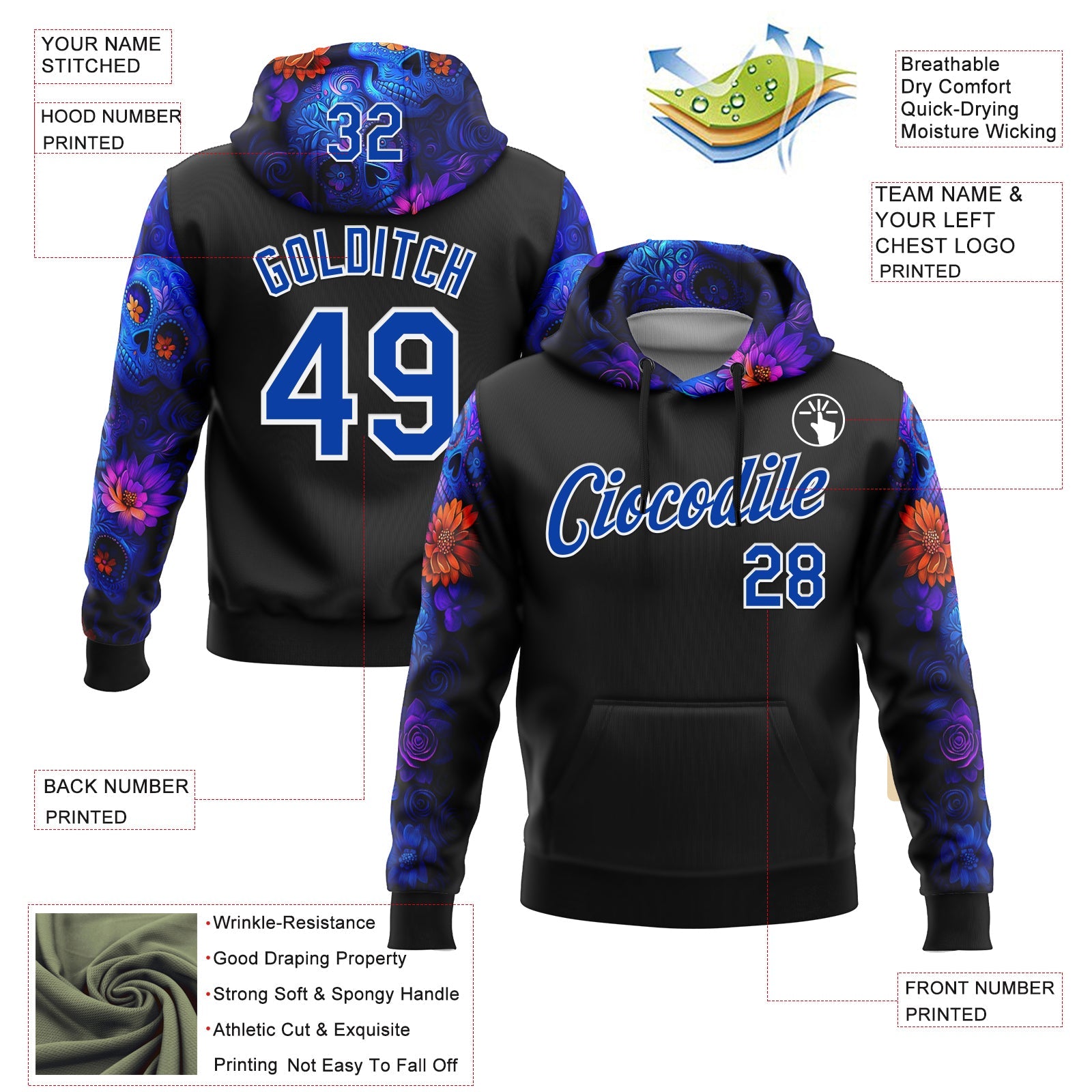 Custom Black Thunder Blue-White 3D Skull Roses Floral Calavera Day Of The Dead Dia de los Muertos Sports Pullover Sweatshirt Hoodie view 2