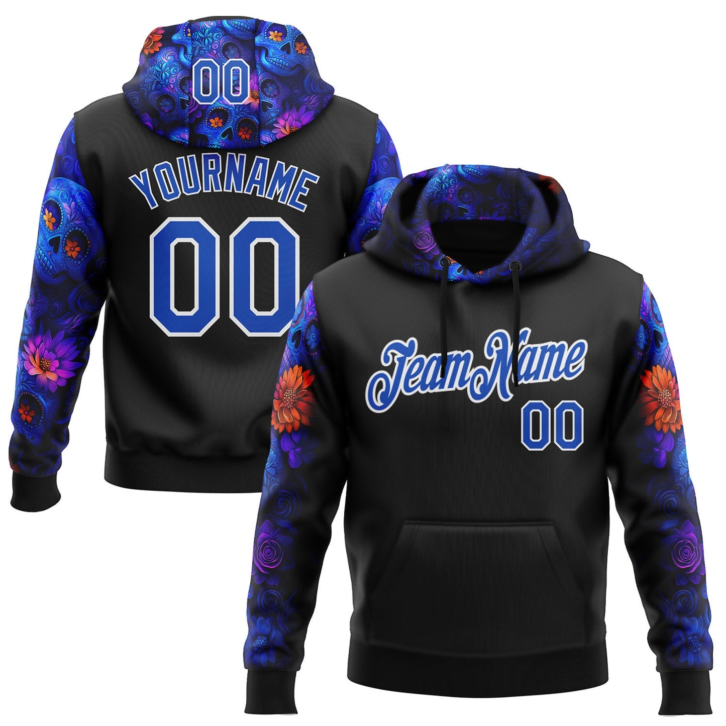 Custom Black Thunder Blue-White 3D Skull Roses Floral Calavera Day Of The Dead Dia de los Muertos Sports Pullover Sweatshirt Hoodie - Main View