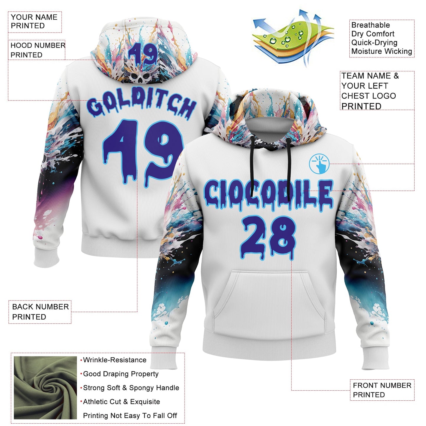Custom White Dark Purple-Sky Blue 3D Skull Splash Graffiti Sports Pullover Sweatshirt Hoodie view 2
