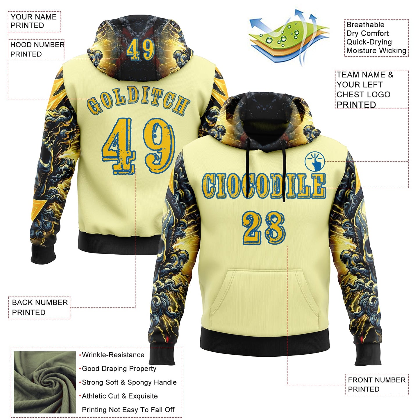Custom Yellow Blue 3D Skull Psychedelic Sports Pullover Sweatshirt Hoodie view 2