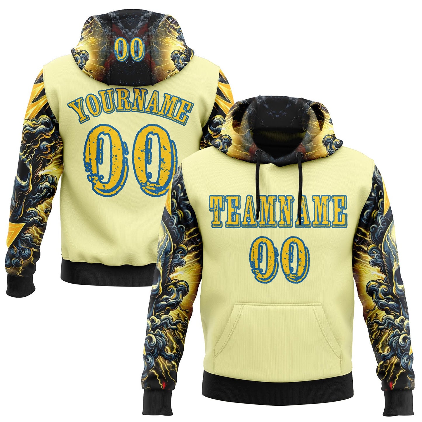 Custom Yellow Blue 3D Skull Psychedelic Sports Pullover Sweatshirt Hoodie - Main View