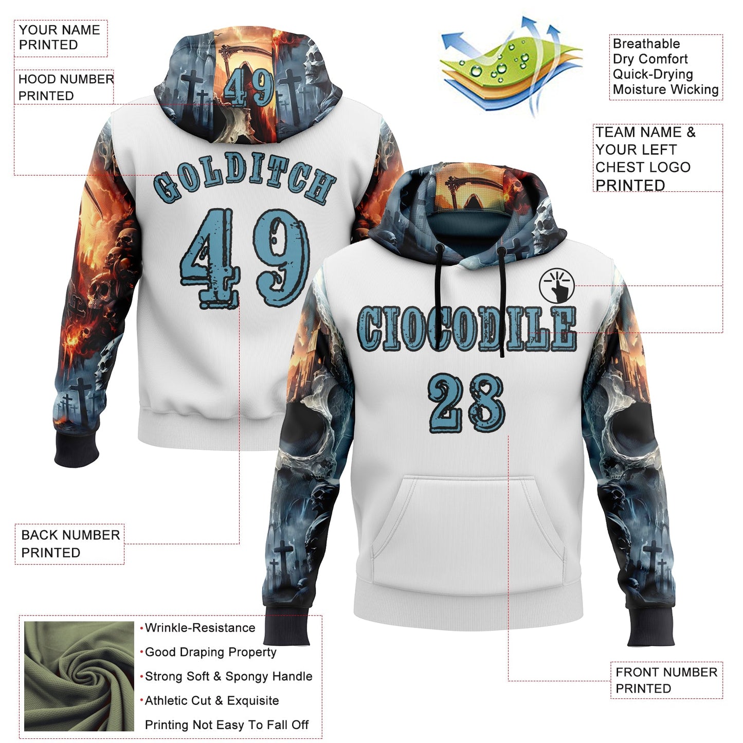 Custom White Shadow Blue-Black 3D Skull Cross Sports Pullover Sweatshirt Hoodie view 2