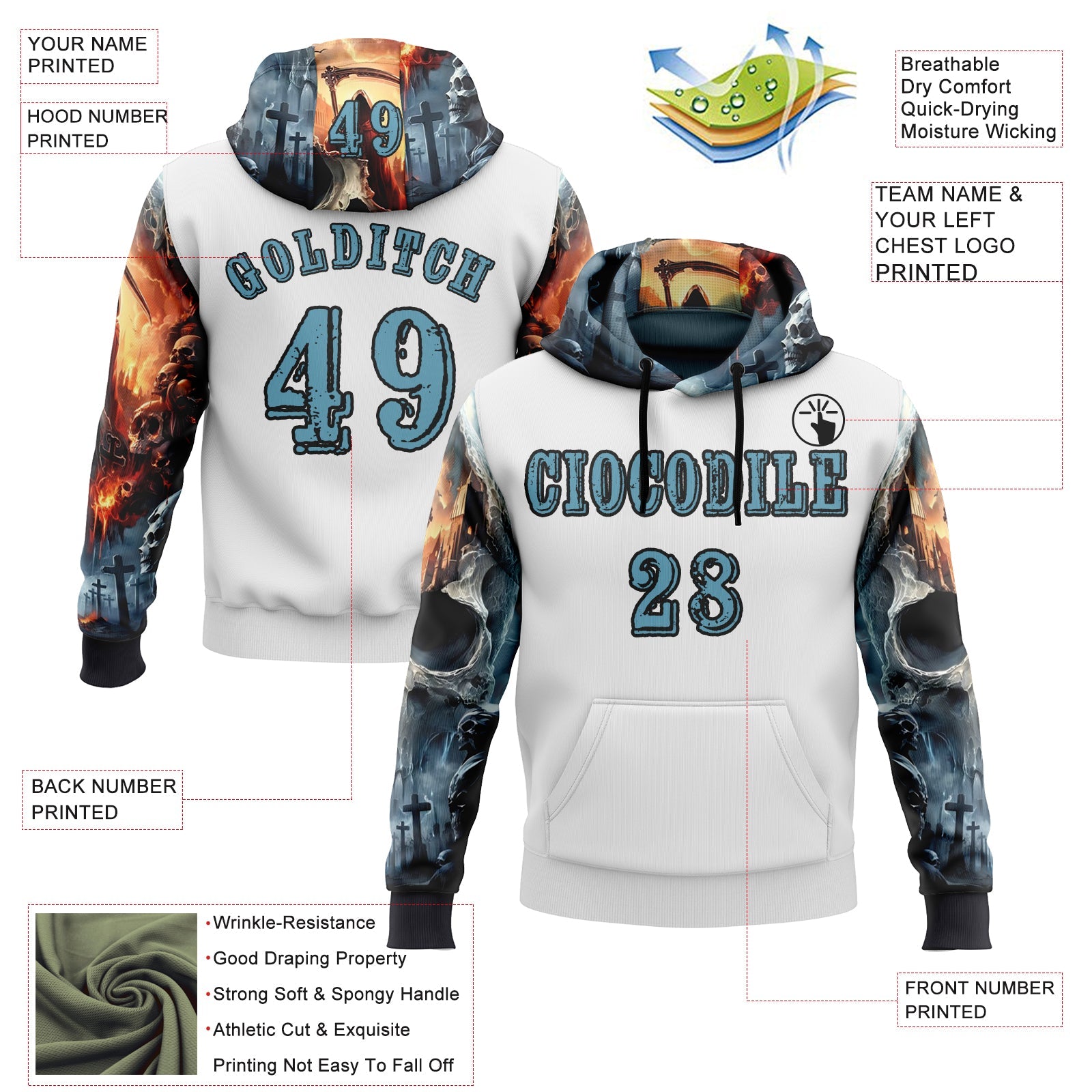 Custom White Shadow Blue-Black 3D Skull Cross Sports Pullover Sweatshirt Hoodie view 2