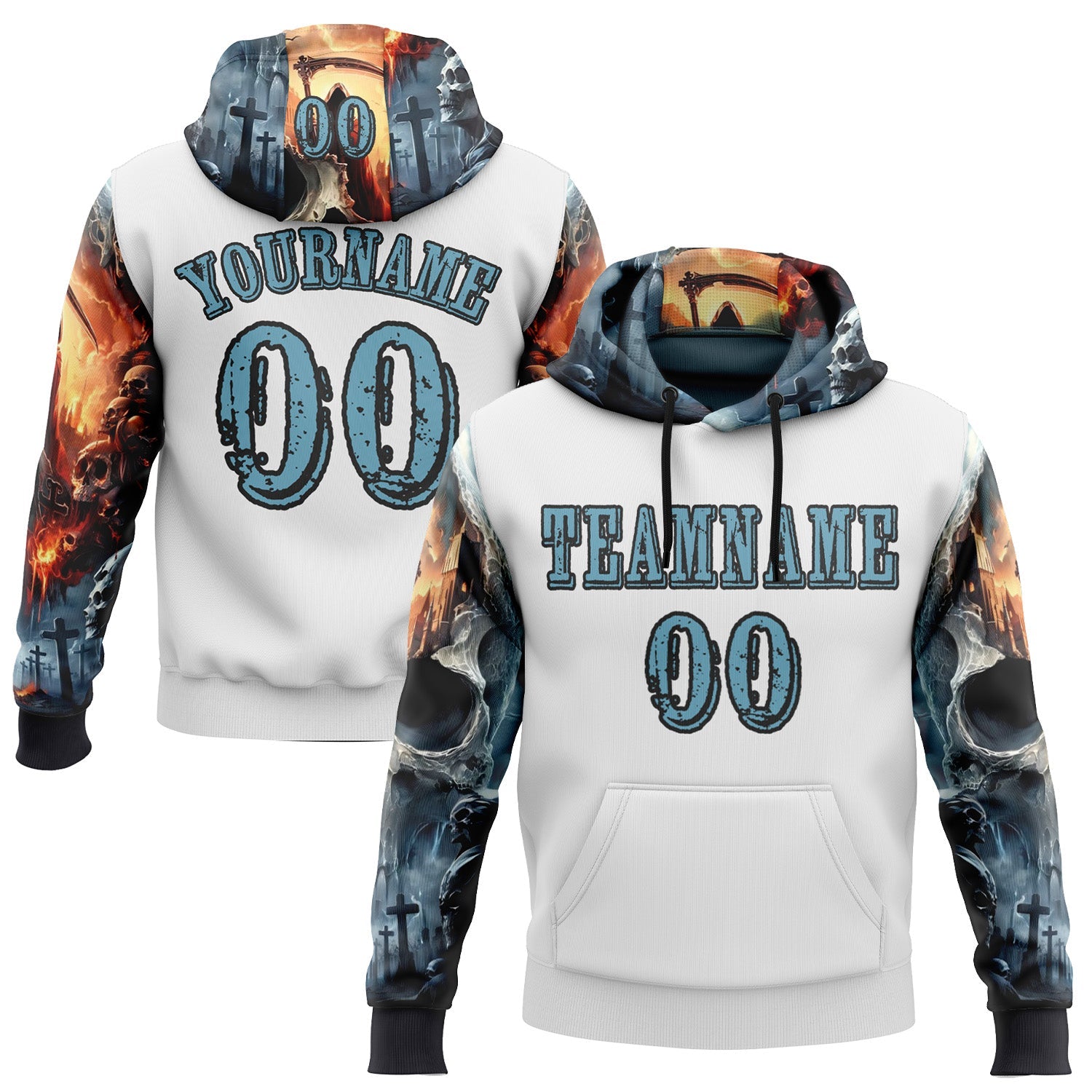 Custom White Shadow Blue-Black 3D Skull Cross Sports Pullover Sweatshirt Hoodie - Main View
