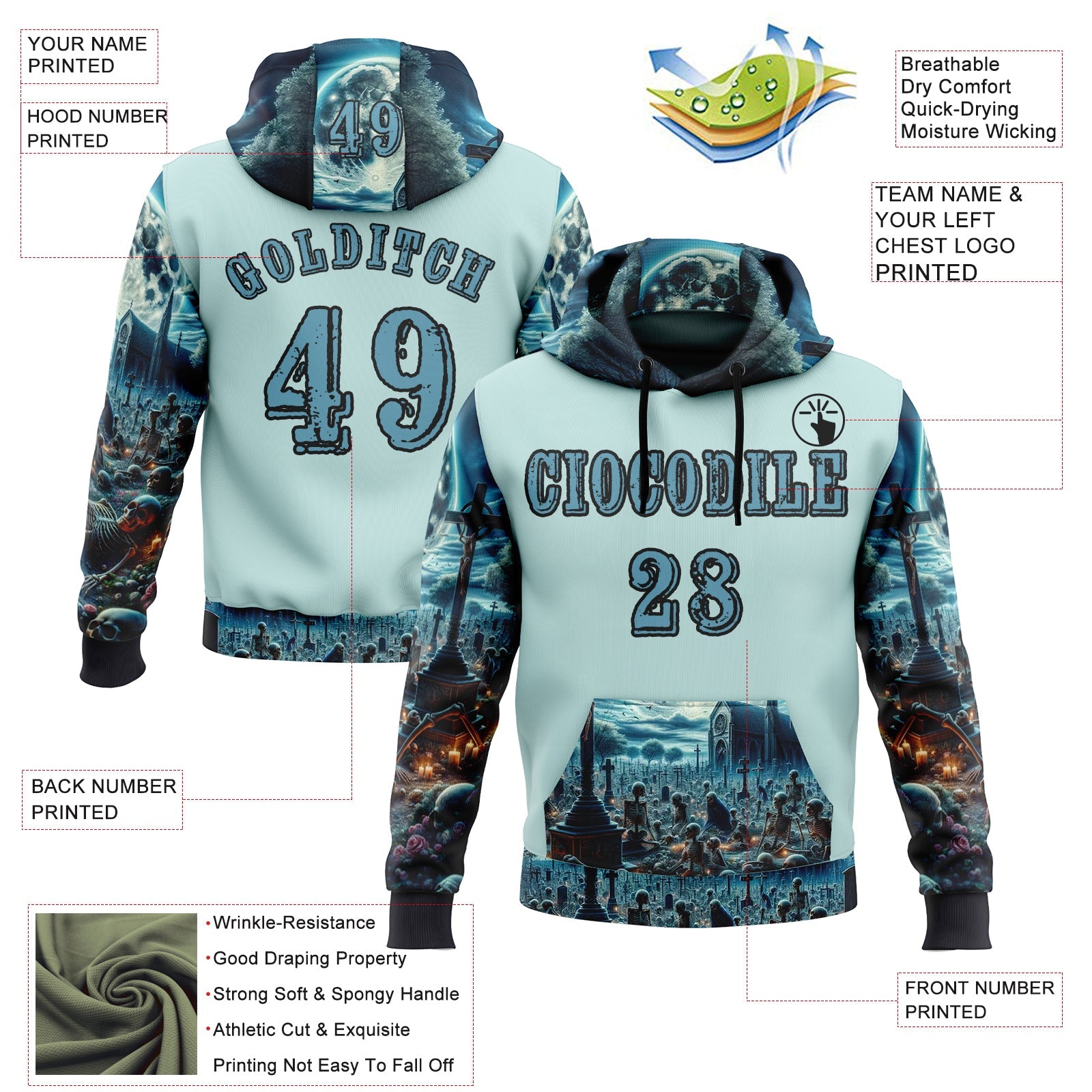 Custom Ice Blue Shadow Blue-Black 3D Skull Cemetery Sports Pullover Sweatshirt Hoodie view 2
