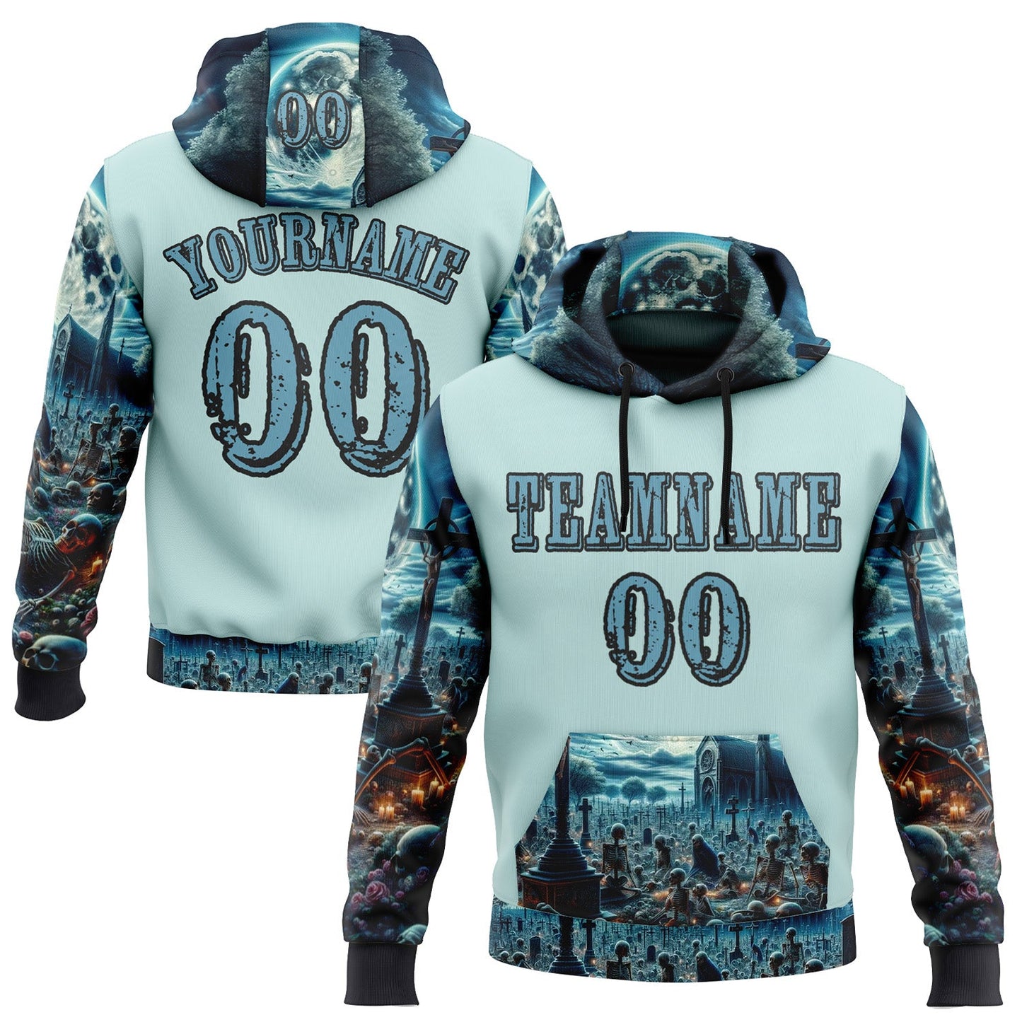 Custom Ice Blue Shadow Blue-Black 3D Skull Cemetery Sports Pullover Sweatshirt Hoodie - Main View