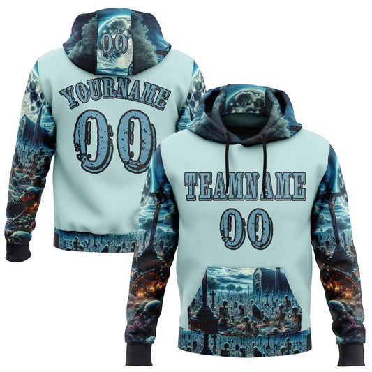 Custom Ice Blue Shadow Blue-Black 3D Skull Cemetery Sports Pullover Sweatshirt Hoodie - Main View