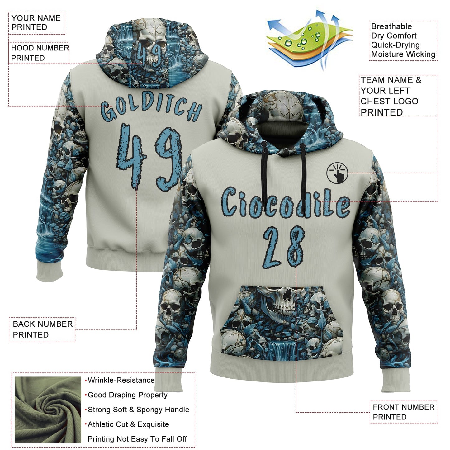 Custom Gray Shadow Blue-Black 3D Skull Floral Sports Pullover Sweatshirt Hoodie view 2