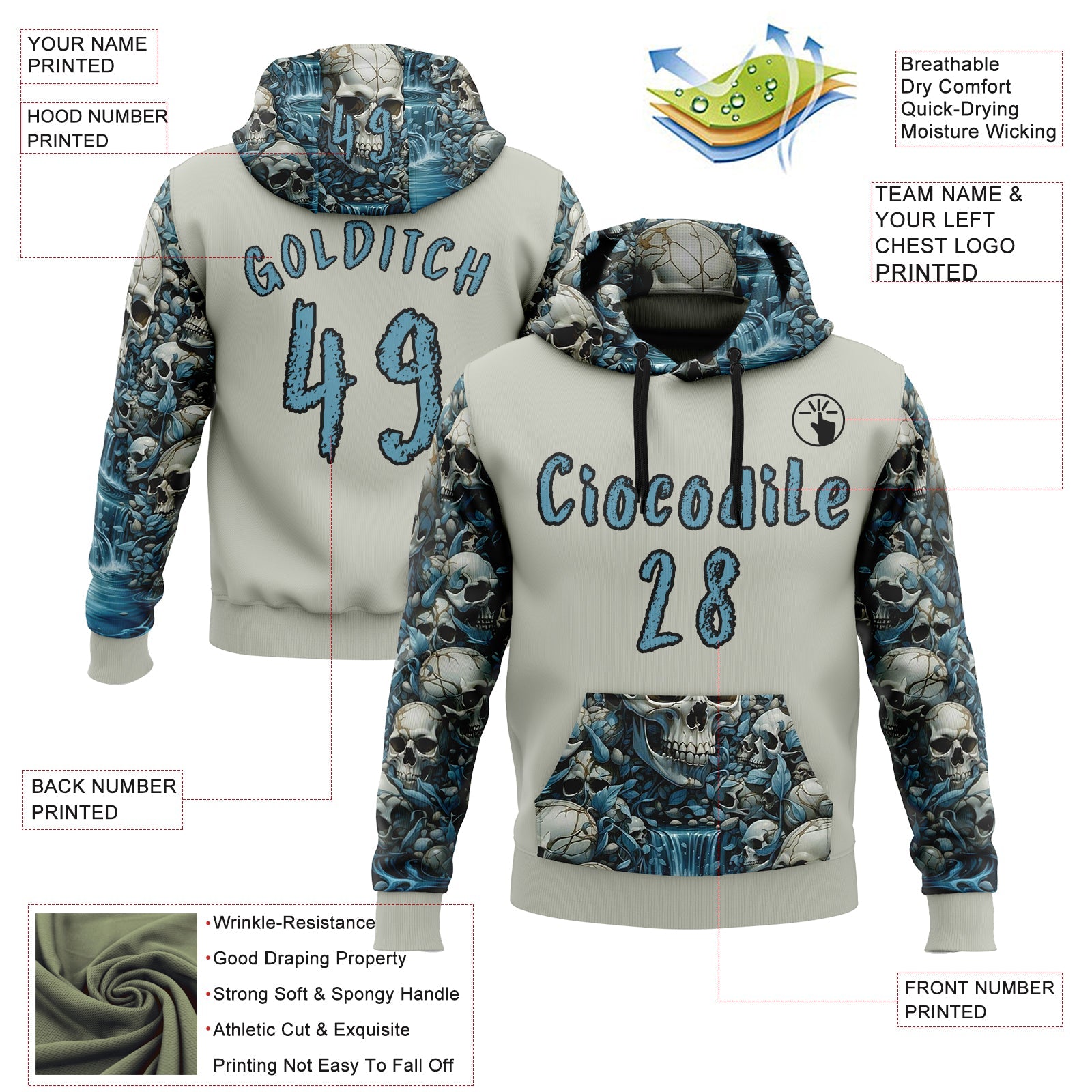 Custom Gray Shadow Blue-Black 3D Skull Floral Sports Pullover Sweatshirt Hoodie view 2