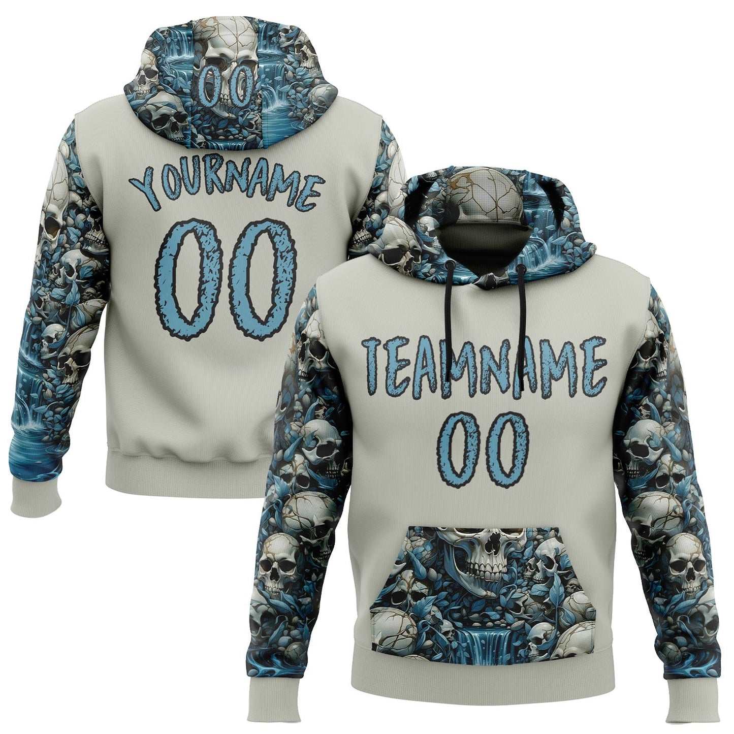 Custom Gray Shadow Blue-Black 3D Skull Floral Sports Pullover Sweatshirt Hoodie - Main View