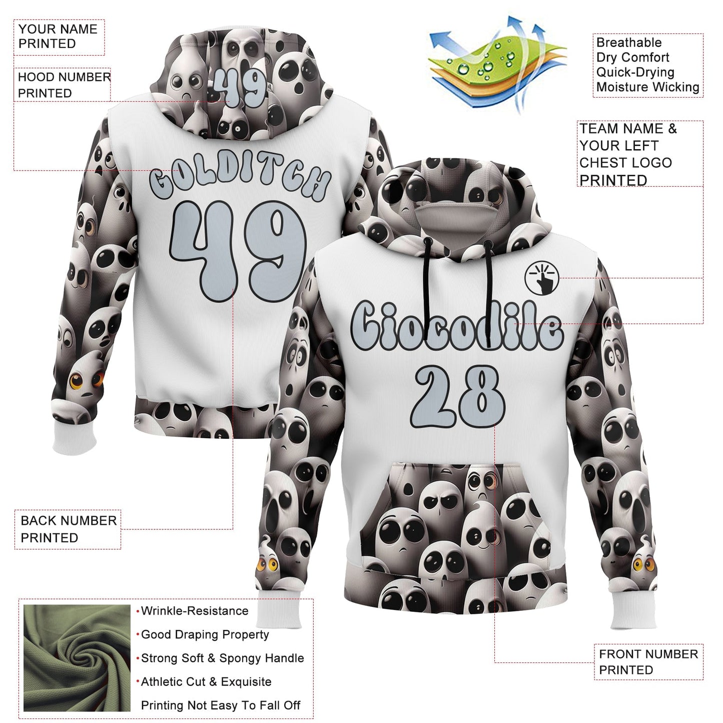 Custom White Silver-Black 3D Skull Funny Soul Sports Pullover Sweatshirt Hoodie view 2