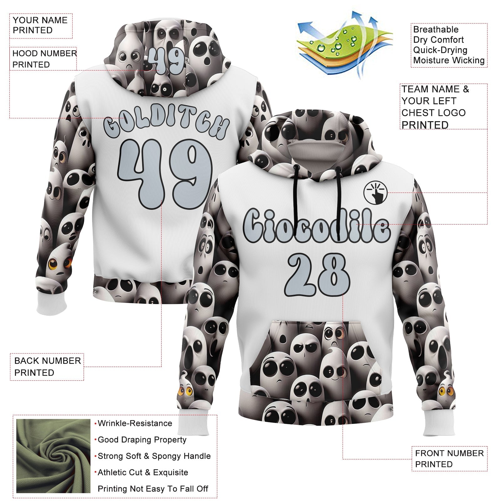 Custom White Silver-Black 3D Skull Funny Soul Sports Pullover Sweatshirt Hoodie view 2