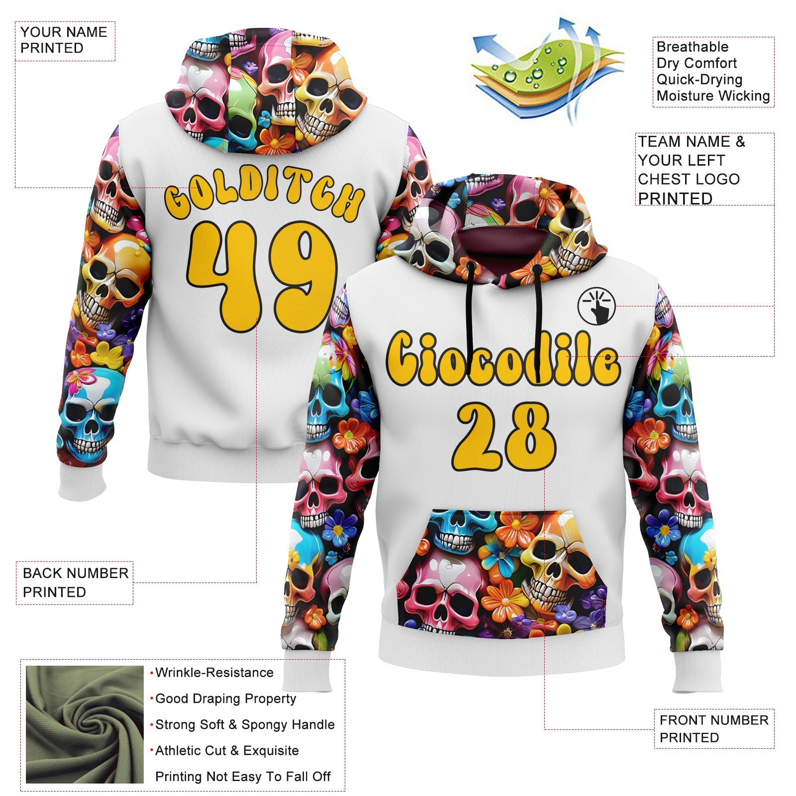 Custom White Yellow-Black 3D Skull Chromatic Floral Sports Pullover Sweatshirt Hoodie view 2