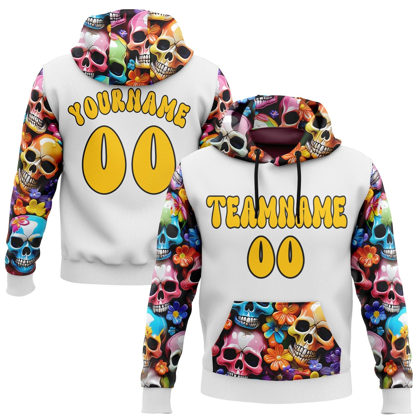 Custom White Yellow-Black 3D Skull Chromatic Floral Sports Pullover Sweatshirt Hoodie - Main View