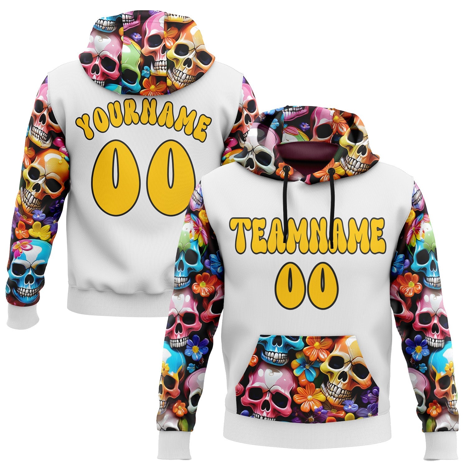 Custom White Yellow-Black 3D Skull Chromatic Floral Sports Pullover Sweatshirt Hoodie - Main View