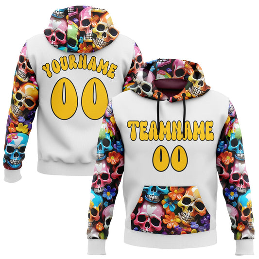 Custom White Yellow-Black 3D Skull Chromatic Floral Sports Pullover Sweatshirt Hoodie - Main View