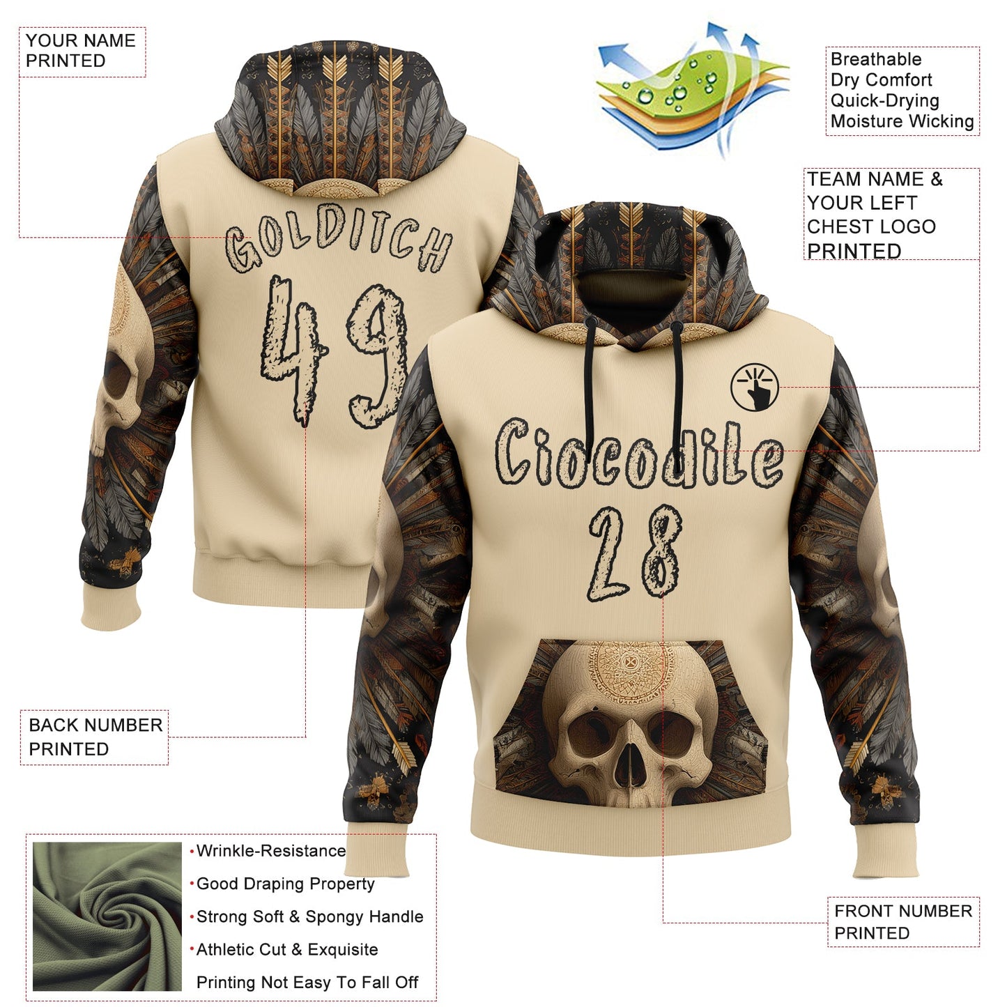 Custom City Cream Black 3D Skull Chief Sports Pullover Sweatshirt Hoodie view 2