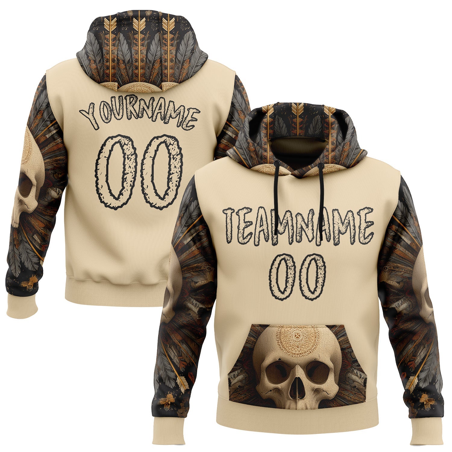 Custom City Cream Black 3D Skull Chief Sports Pullover Sweatshirt Hoodie - Main View