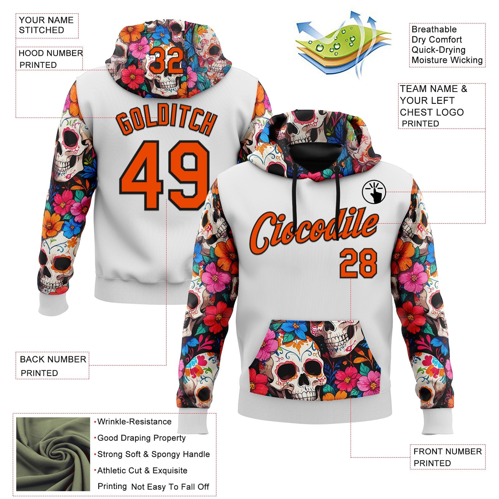 Custom White Orange-Black 3D Skull Calavera Day Of The Dead Dia de los Muertos Sports Pullover Sweatshirt Hoodie view 2