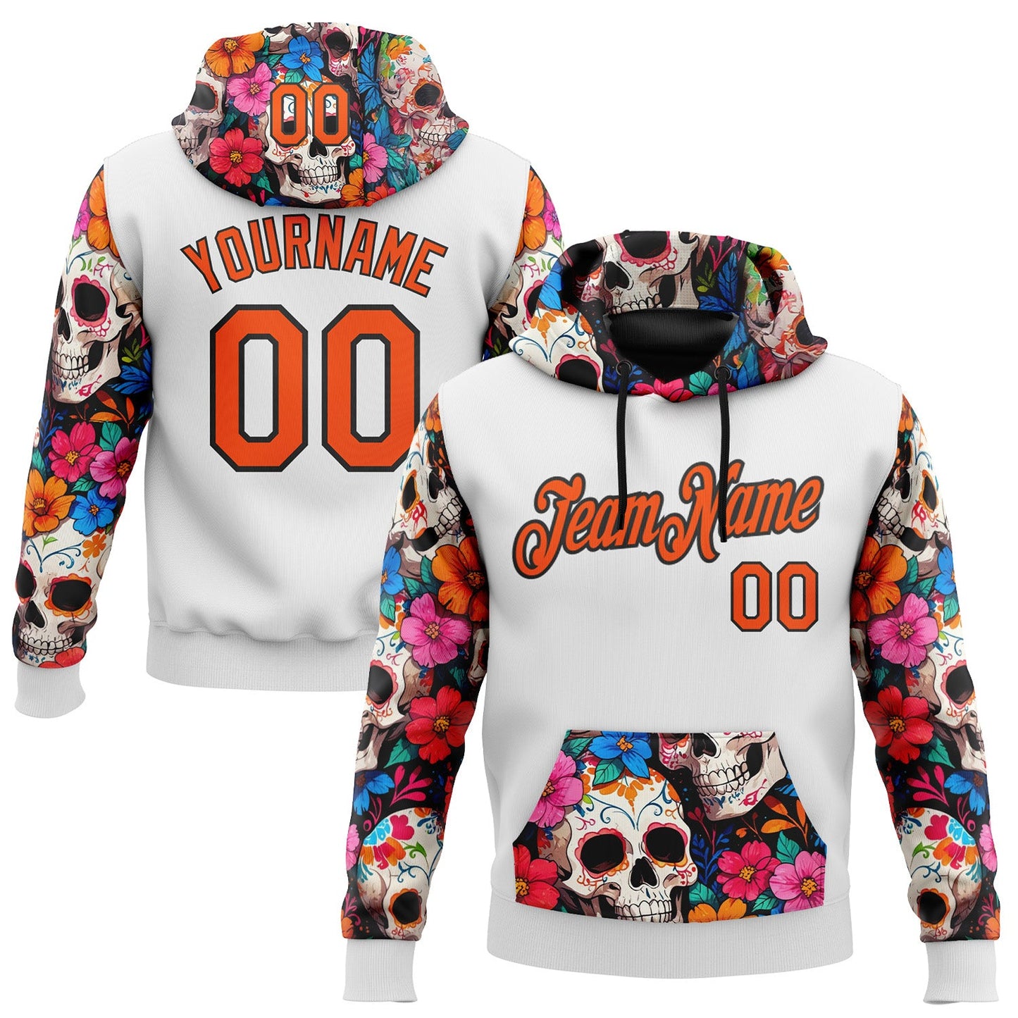 Custom White Orange-Black 3D Skull Calavera Day Of The Dead Dia de los Muertos Sports Pullover Sweatshirt Hoodie - Main View