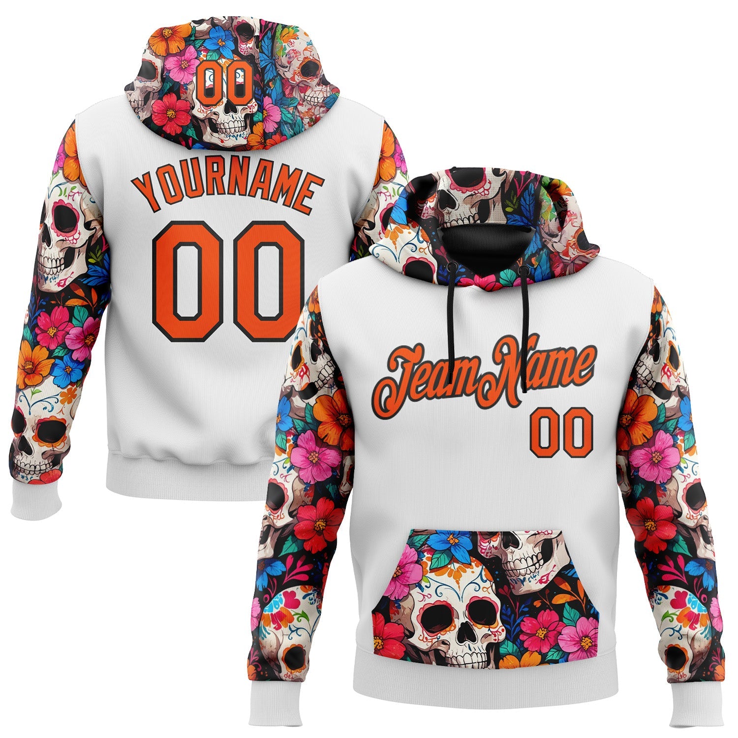 Custom White Orange-Black 3D Skull Calavera Day Of The Dead Dia de los Muertos Sports Pullover Sweatshirt Hoodie - Main View