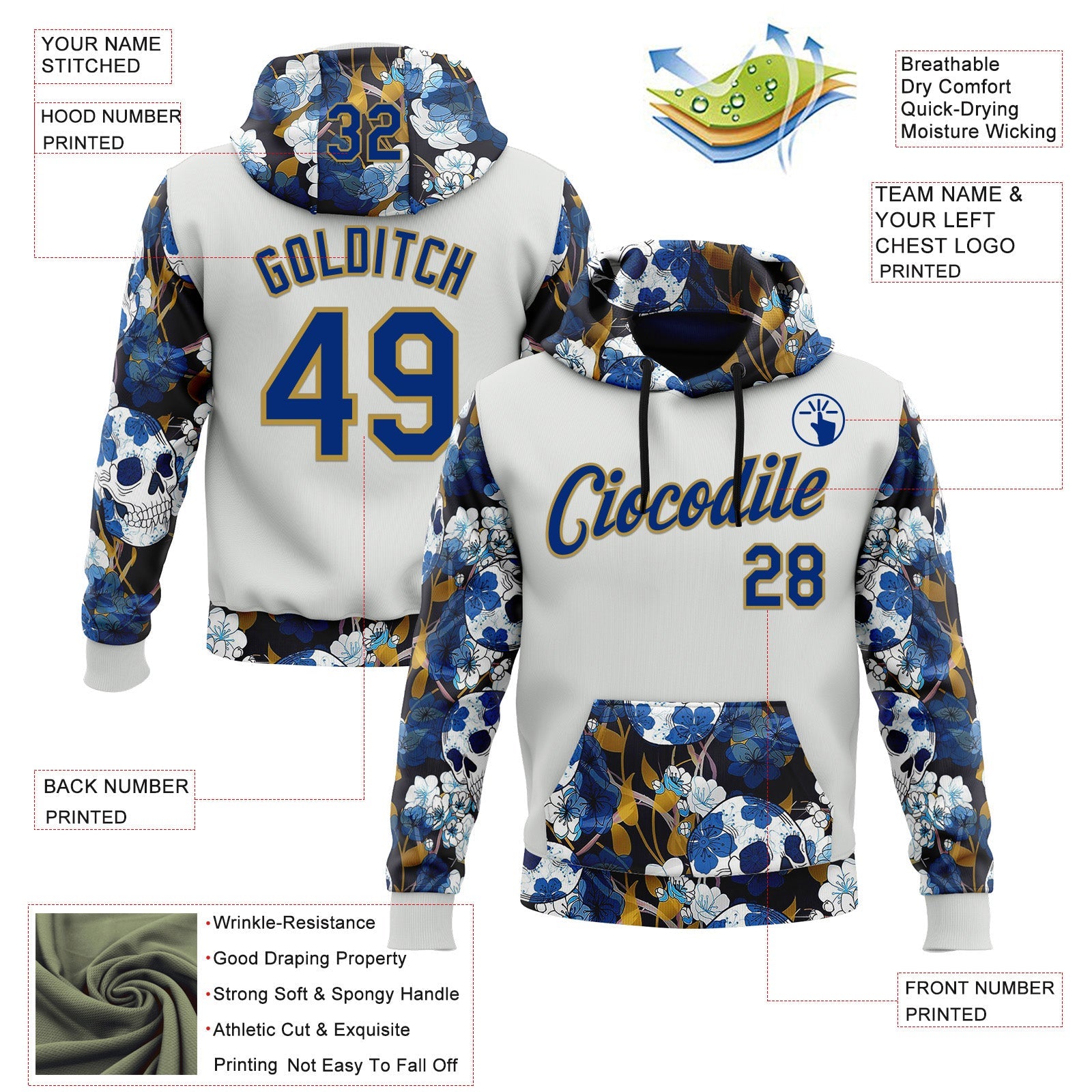 Custom White Royal-Old Gold 3D Skull Floral Sports Pullover Sweatshirt Hoodie view 2