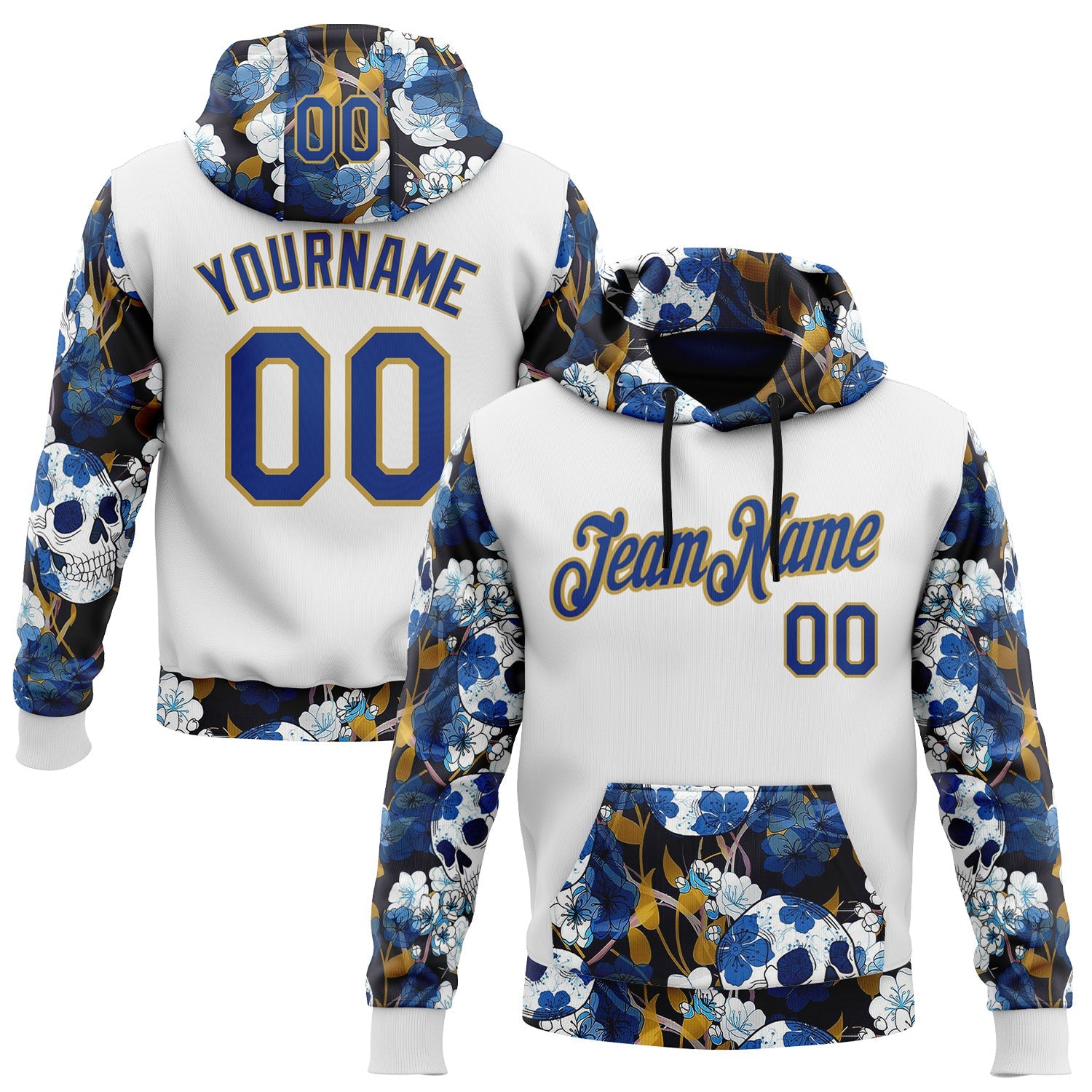 Custom White Royal-Old Gold 3D Skull Floral Sports Pullover Sweatshirt Hoodie - Main View