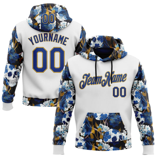 Custom White Royal-Old Gold 3D Skull Floral Sports Pullover Sweatshirt Hoodie - Main View