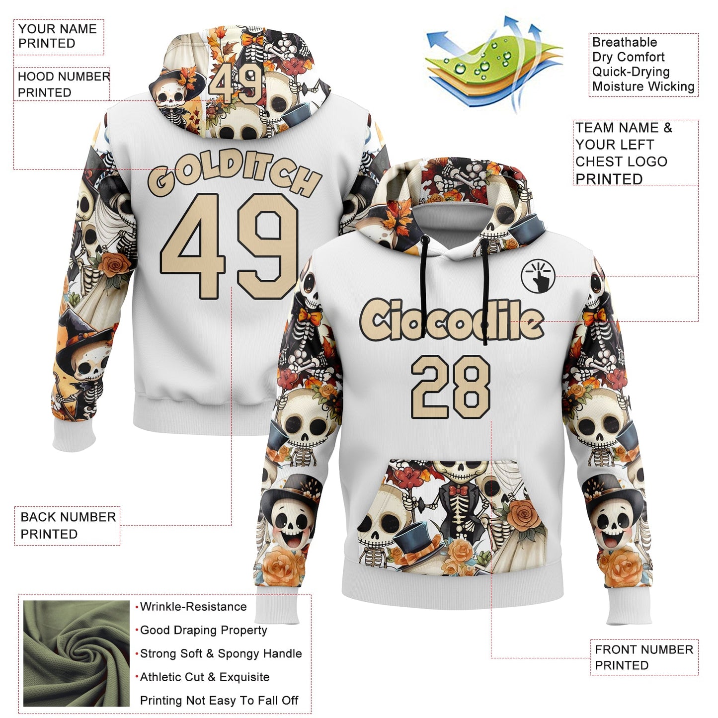 Custom White City Cream-Black 3D Skull Wedding Sports Pullover Sweatshirt Hoodie view 2