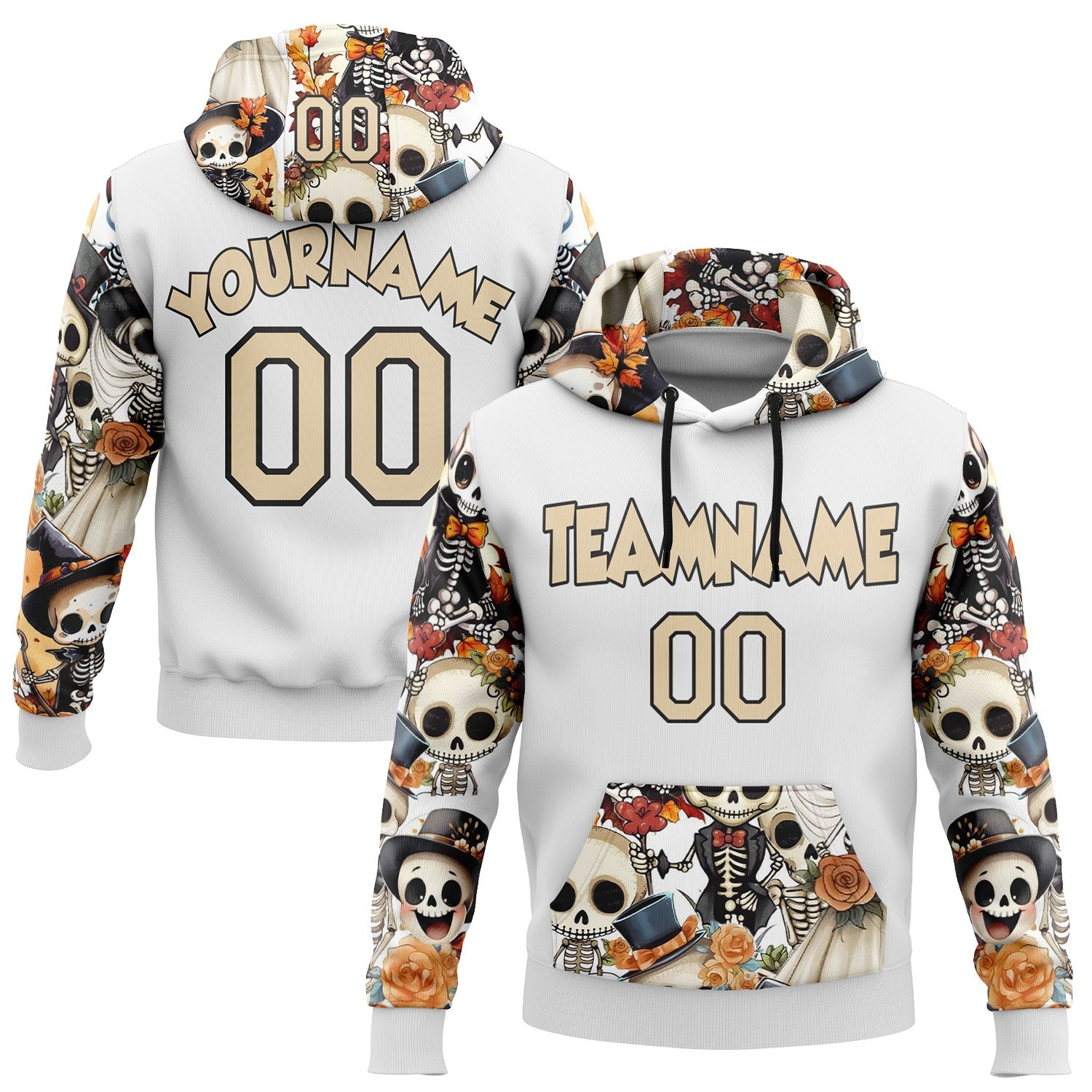 Custom White City Cream-Black 3D Skull Wedding Sports Pullover Sweatshirt Hoodie - Main View