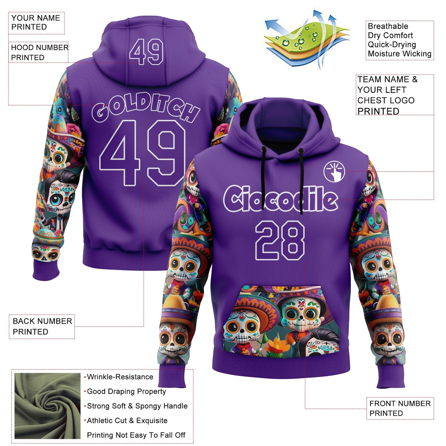 Custom Purple White 3D Skull Calavera Day Of The Dead Dia de los Muertos Sports Pullover Sweatshirt Hoodie view 2