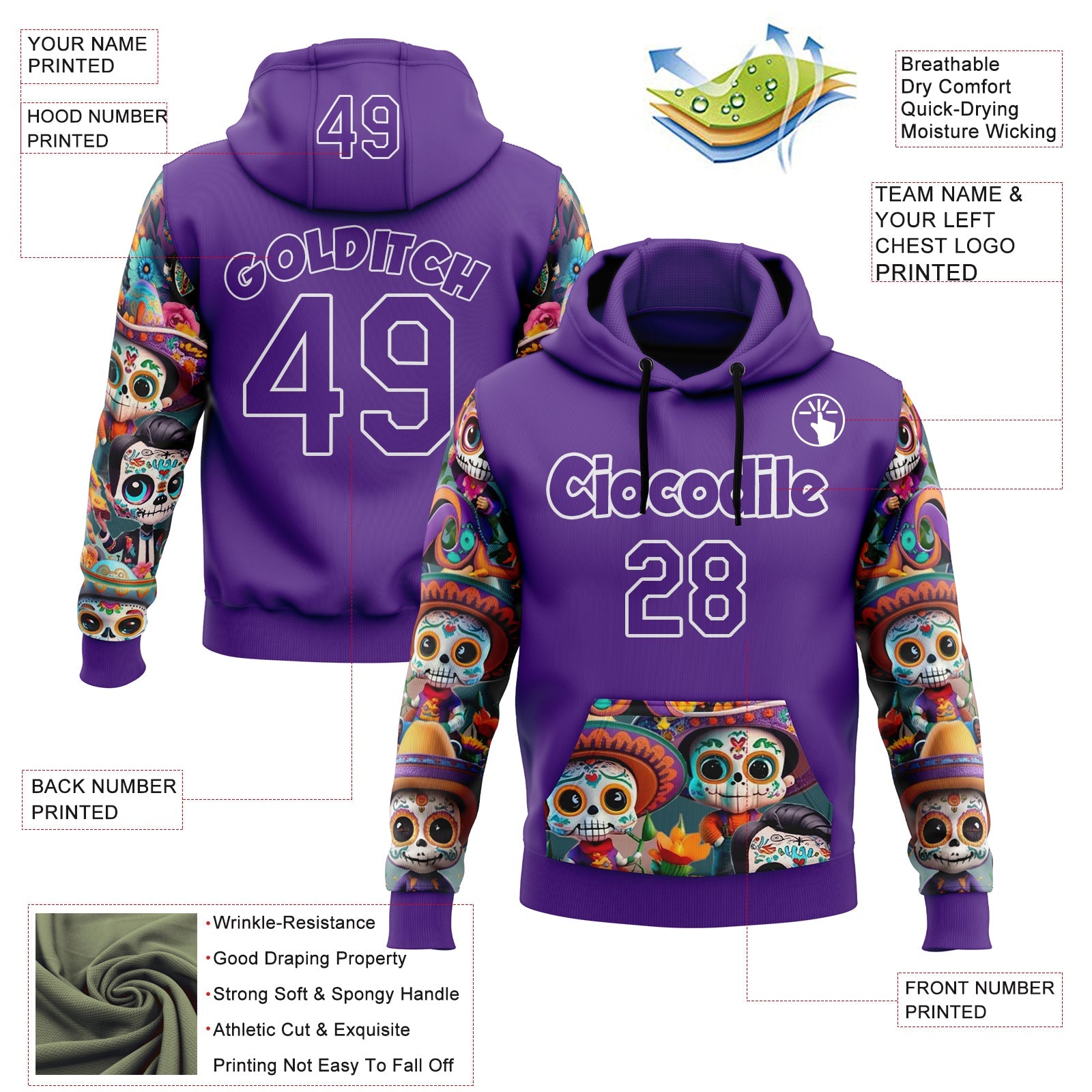 Custom Purple White 3D Skull Calavera Day Of The Dead Dia de los Muertos Sports Pullover Sweatshirt Hoodie view 2