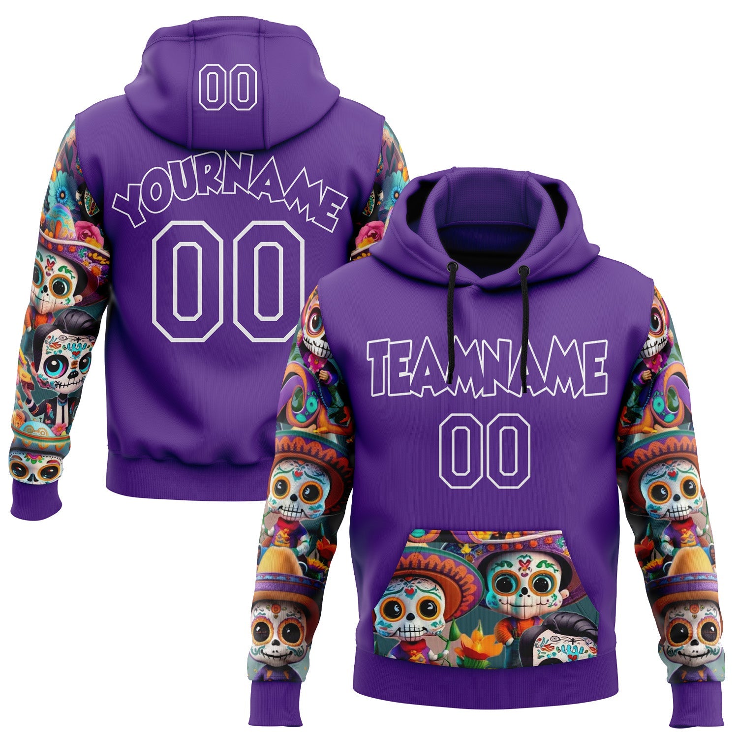 Custom Purple White 3D Skull Calavera Day Of The Dead Dia de los Muertos Sports Pullover Sweatshirt Hoodie - Main View