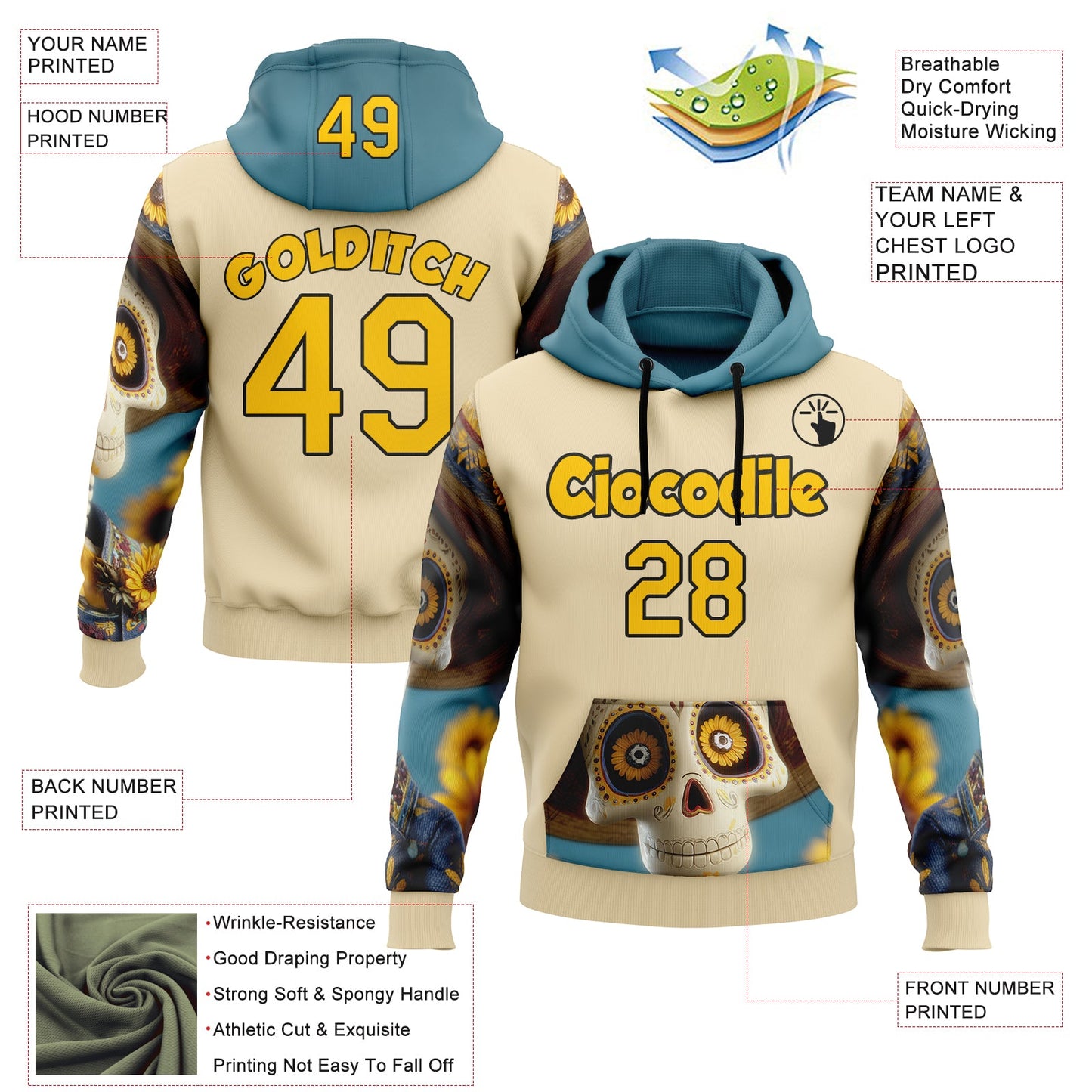 Custom Cream Yellow-Black 3D Skull Sunflower Calavera Day Of The Dead Dia de los Muertos Sports Pullover Sweatshirt Hoodie view 2