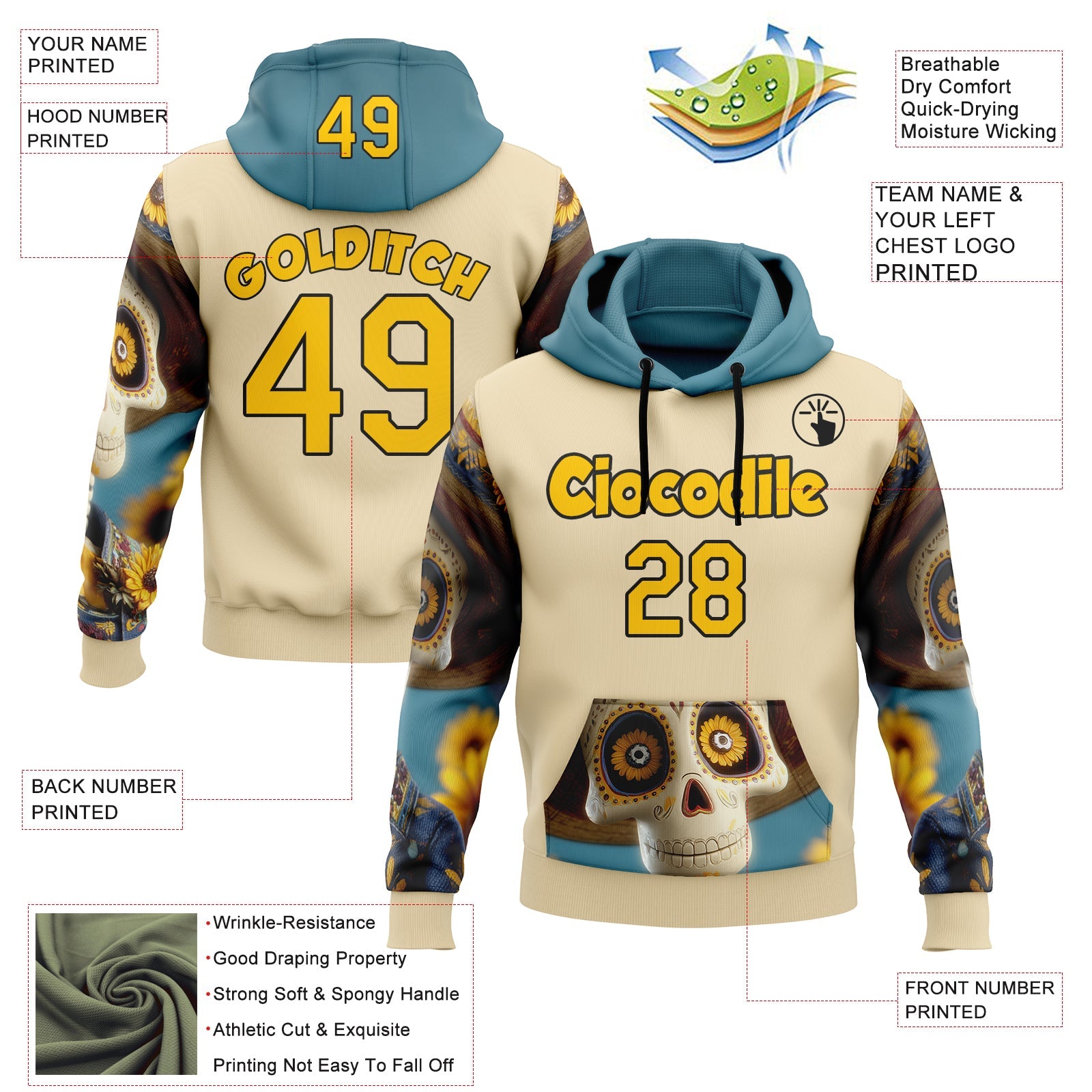 Custom Cream Yellow-Black 3D Skull Sunflower Calavera Day Of The Dead Dia de los Muertos Sports Pullover Sweatshirt Hoodie view 2